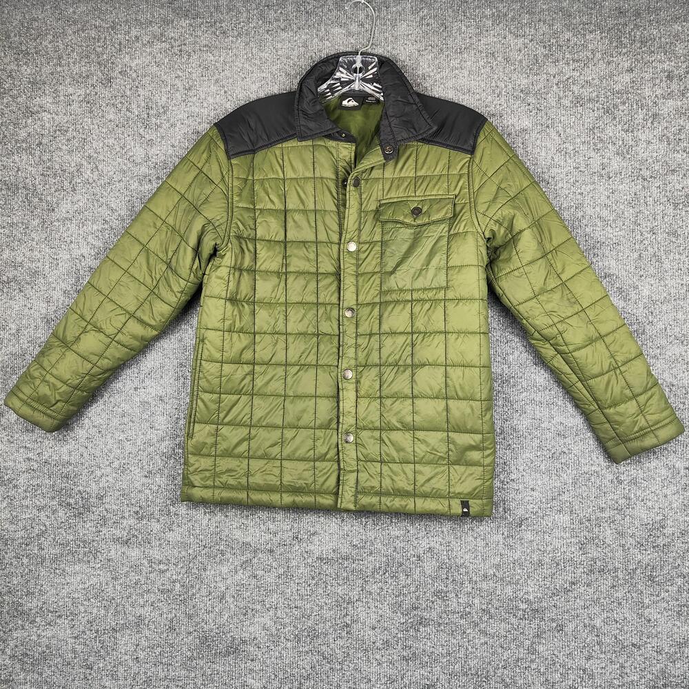 Quiksilver Jacket Boys 10/12 Green Black Quilted Snap Front Insulated Winter